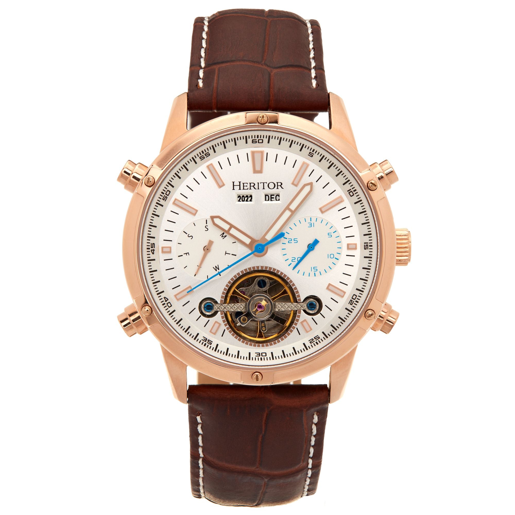 

Часы Heritor Automatic Wilhelm Semi-Skeleton с кожаным ремешком и указателем дня недели и даты - коричневый/розовое золото