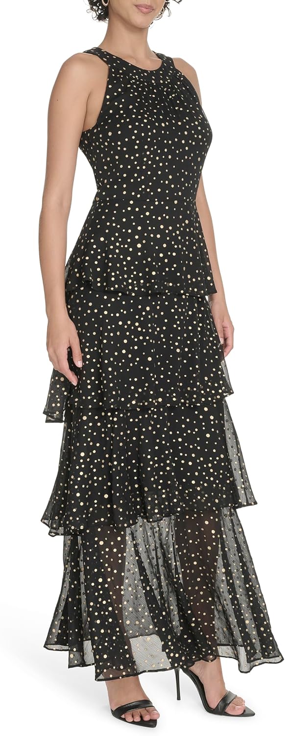 Женское платье макси Tommy Hilfiger без рукавов с халтер-воротом и подкладкой, Black/Gold — фото 3