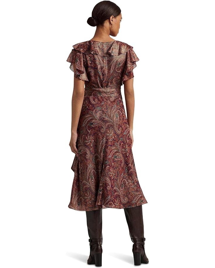 

Платье LAUREN Ralph Lauren Print Ruffle-Trim Metallic Chiffon Dress, цвет Orange/Purple/Multi
