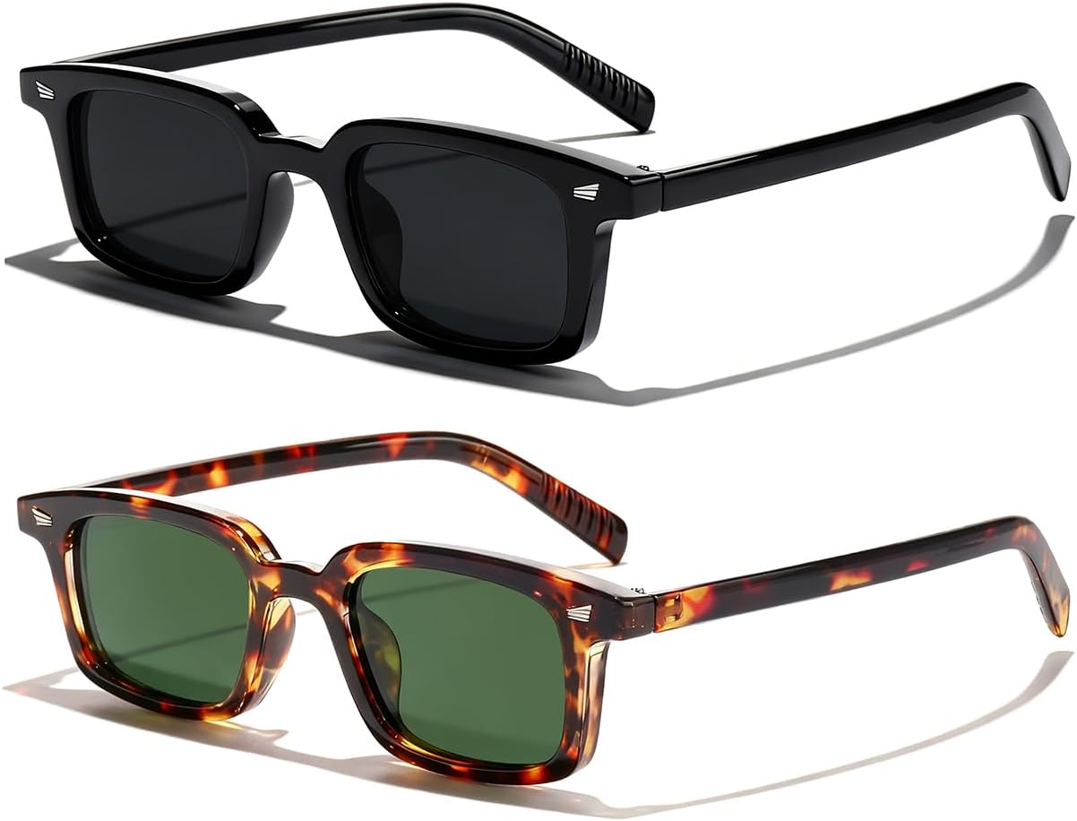 

Солнцезащитные очки в стиле ретро прямоугольной формы для женщин и мужчин, маленькая узкая оправа, винтажный стиль 90-х, защита от ультрафиолета UV400 GFUIARA, 2 Pack-black+leopard-green