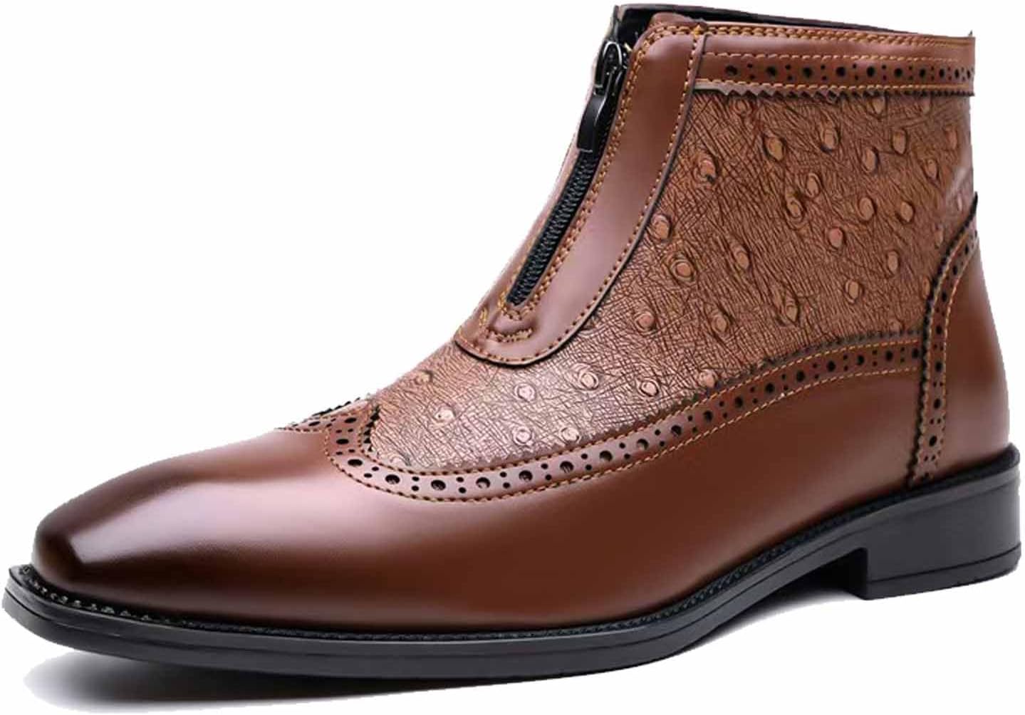 

Мужские кожаные челси-ботинки с тиснением под страуса, броги, с передней молнией, заостренным носком, мягким низким устойчивым каблуком, дрес-кэжуал, для офиса, удобные оксфорды Donrrndk, коричневый