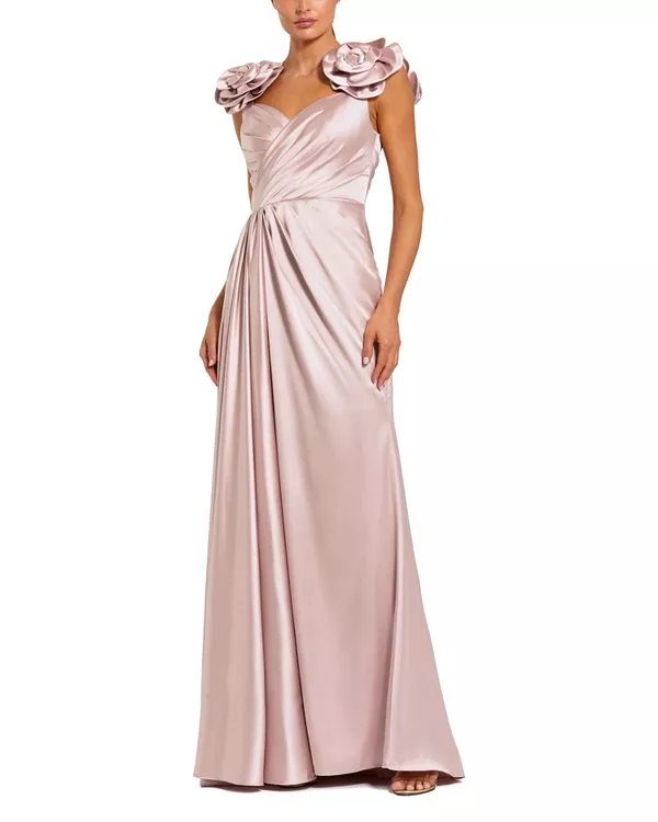 

Атласное платье с имитацией запаха и объемными цветочными бретелями. Mac Duggal, розовый