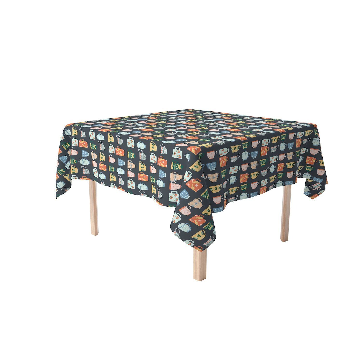 

Прямоугольная скатерть, 100 % полиэстер, 60x120 дюймов, керамические кружки с декором.