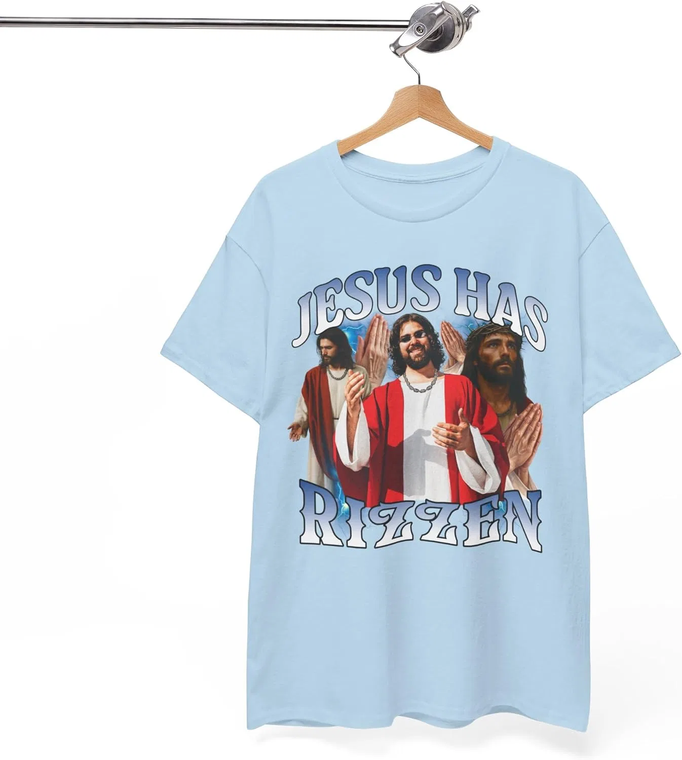 Футболка Jesus Has Rizzen, смешная христианская мемная футболка, данк-мемы, винтажный бутлег в стиле 90-х GENERIC, светло-голубой — фото 2