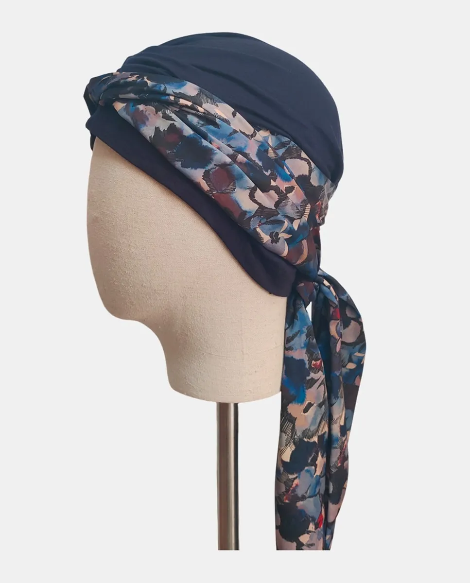 

Онкологический тюрбан PRETTY, 100% бамбук, с длинными принтованными лентами Belleturban, синий