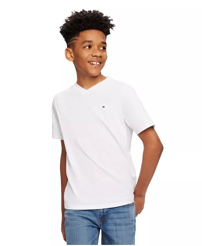 Футболка Big Boys' Solid с вышитым логотипом и V-образным вырезом Tommy Hilfiger, белый — фото 2