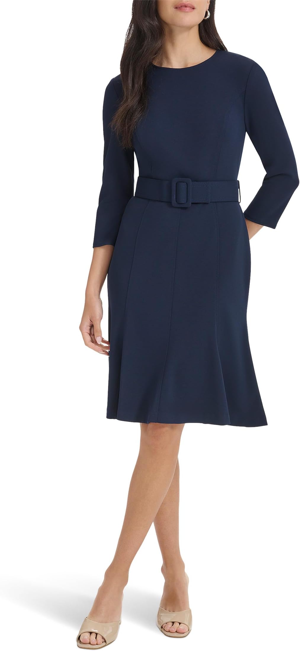 

Платье Calvin Klein Scuba Crepe 3/4 Sleeve Founce Skirt, цвет Indigo