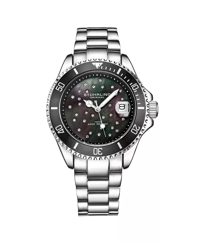 

Женские часы Diver с корпусом, украшенным кристаллами кварца, перламутровым циферблатом и браслетом из нержавеющей стали Stuhrling, черный