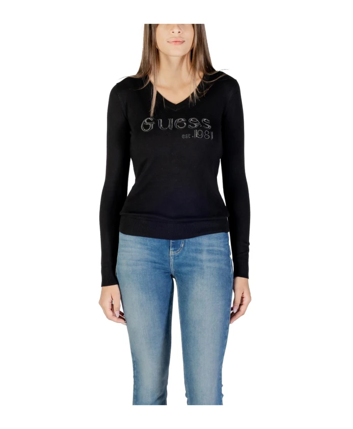 

Вязаный свитер с V-образным вырезом, украшенный стразами. Guess, черный