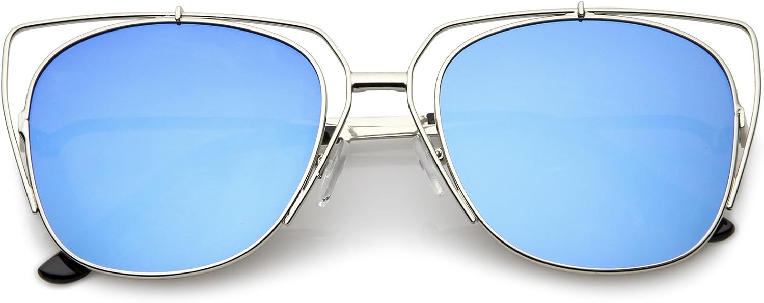 

zeroUV - Женские солнцезащитные очки с открытыми металлическими тонкими дужками, зеркальными квадратными плоскими линзами, оправа «кошачий глаз», диаметр линз 55 мм, Silver / Blue Mirror