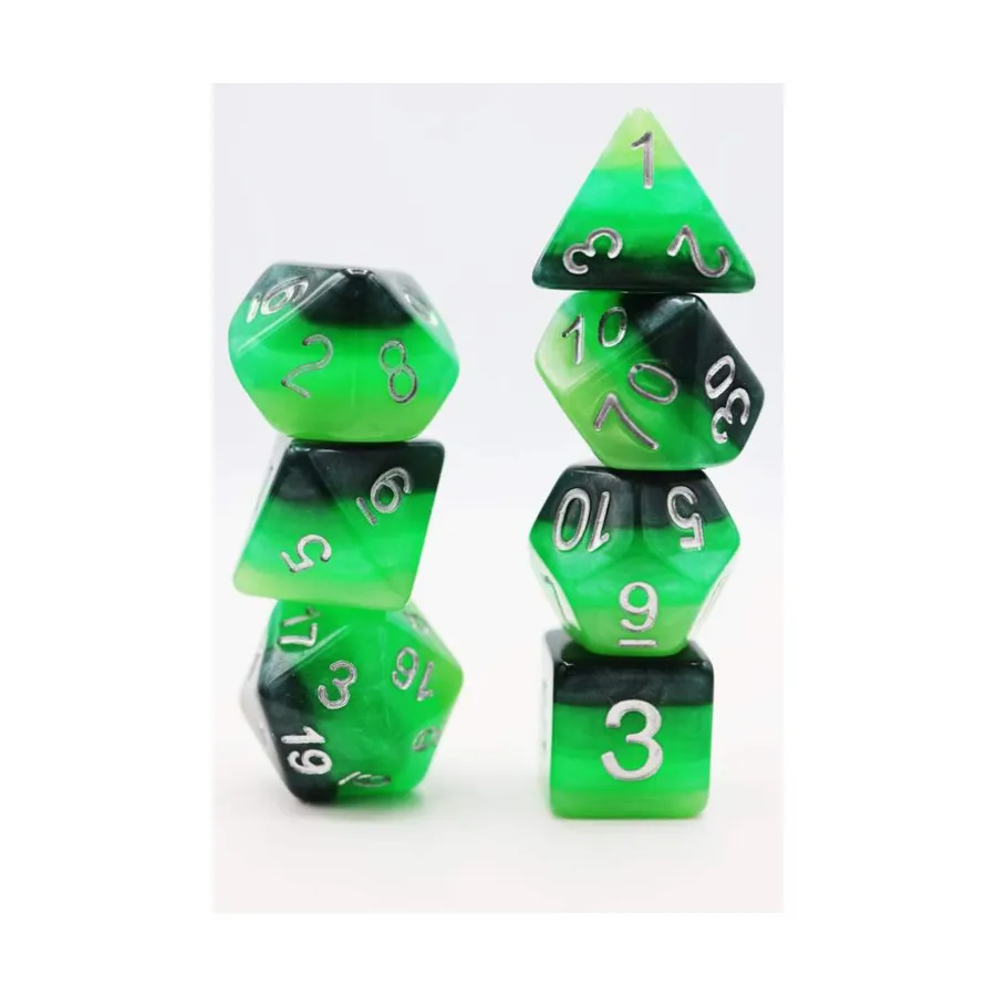 

Набор Poly — зеленый градиент с серебром (7), Dice Sets - Resin/Acrylic - Blue, Green, & Purple (Foam Brain Games)