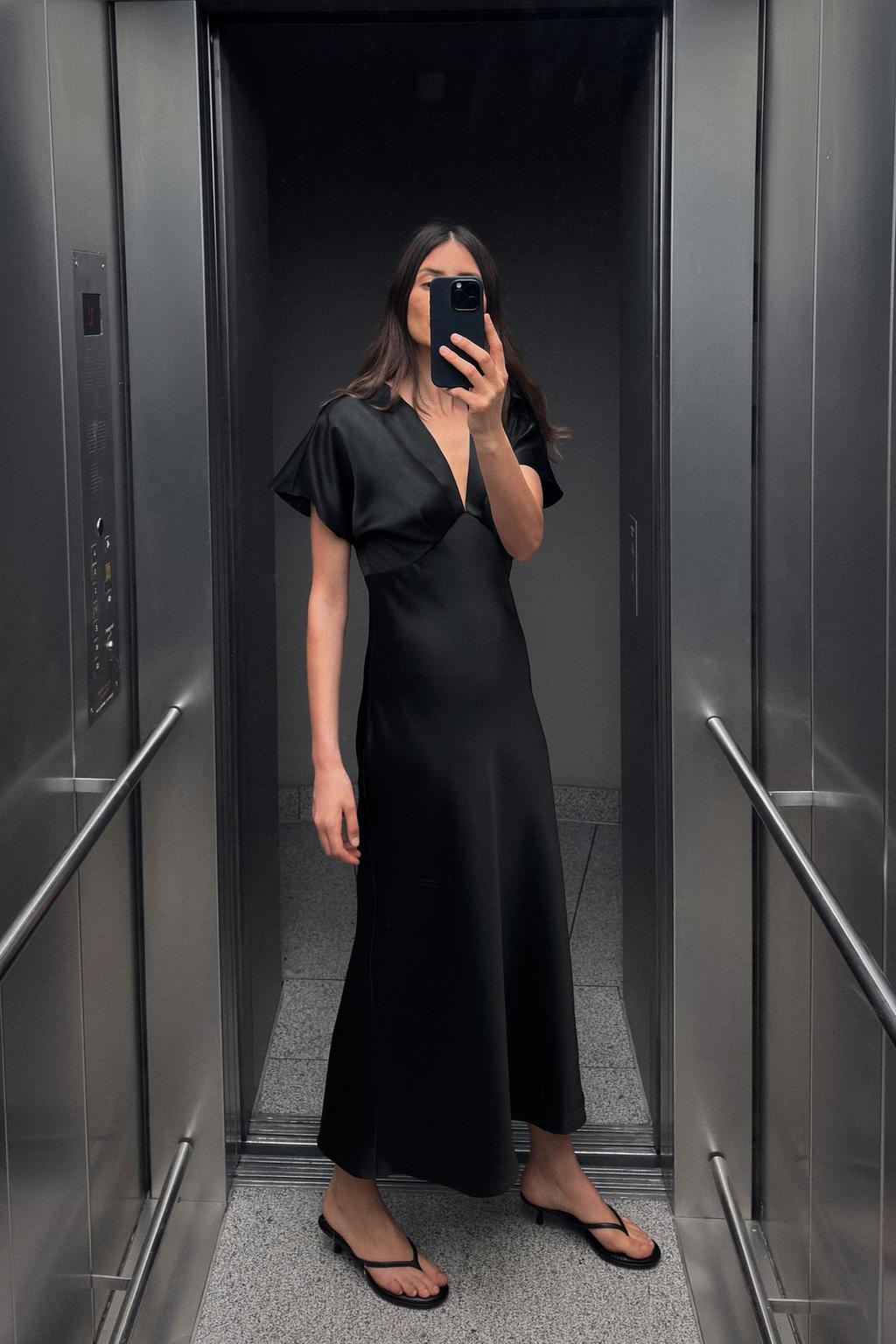 

Атласное платье миди ZARA, черный