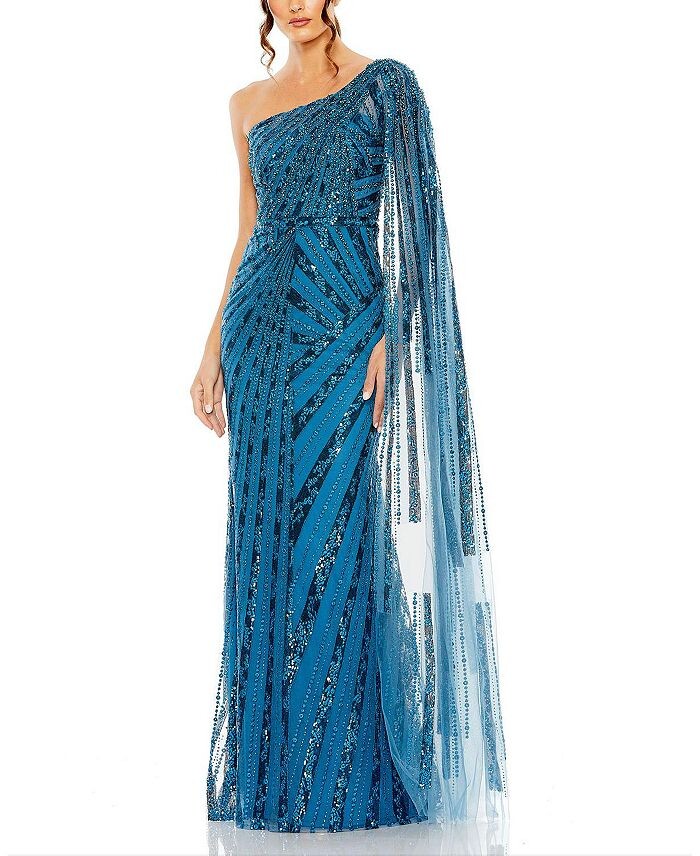 

Mac Duggal Украшенное платье на одно плечо с рукавами-накидкой, синий