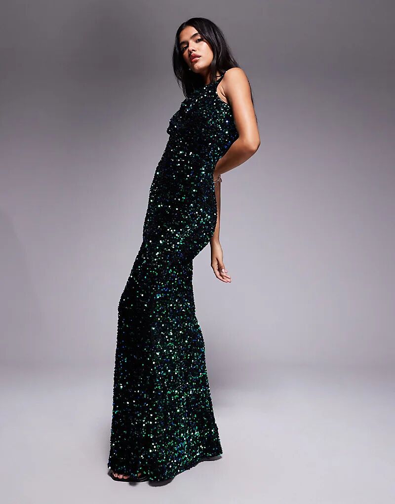 

Платье макси Goddiva Multi из пайеток и бархата в изумрудно-зеленом цвете