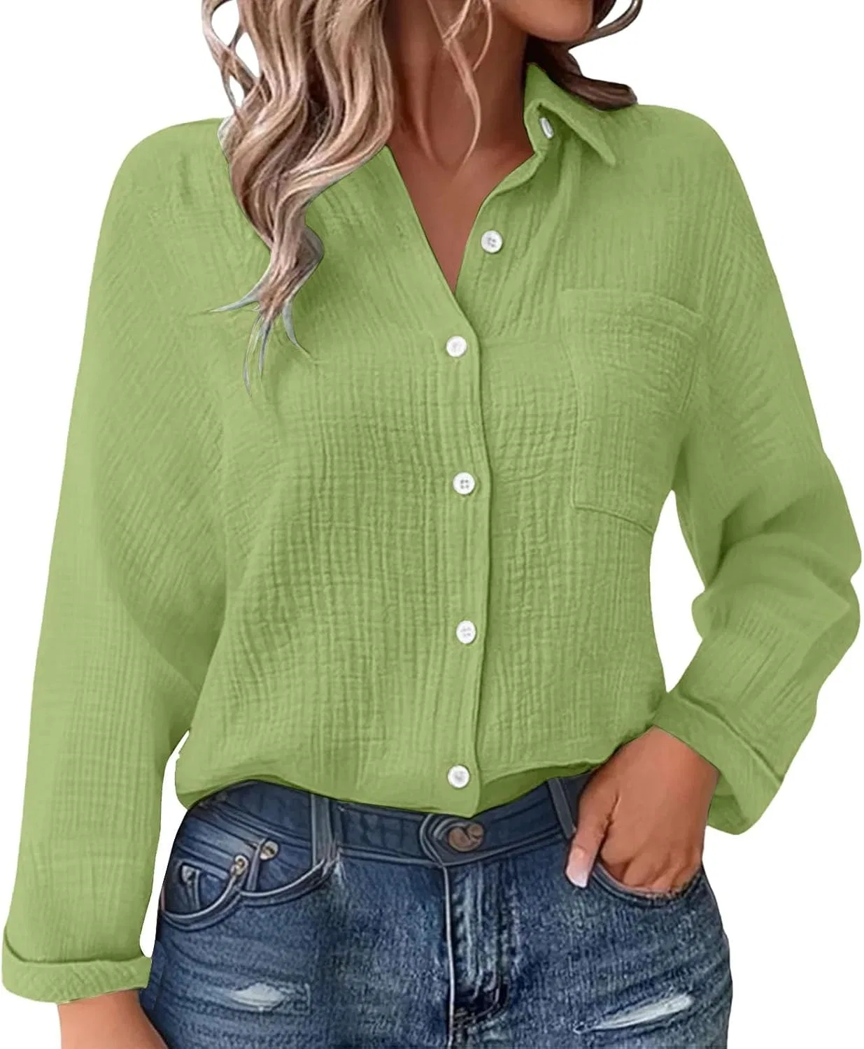 Блуза, льняная, плиссированная, с поясом, свободного кроя, Casual, светло-зеленый