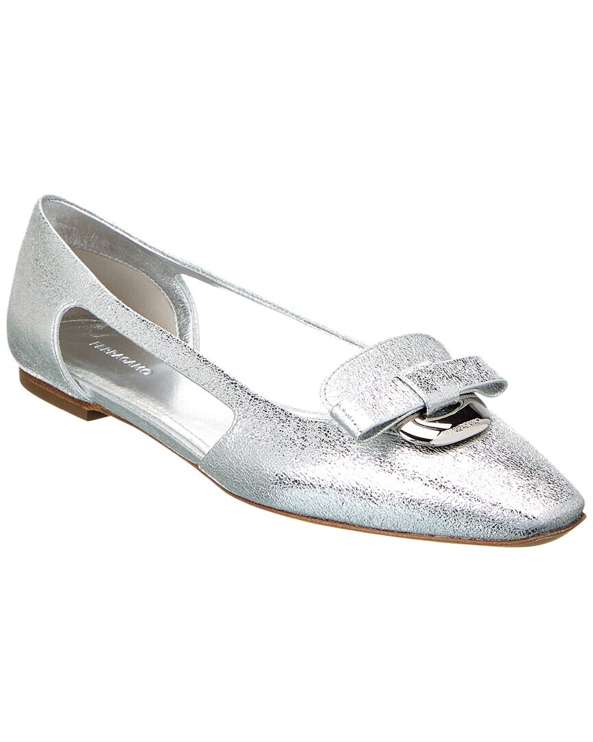 Кожаные балетки Ferragamo с вырезом Salvatore Ferragamo, серебро — фото 3