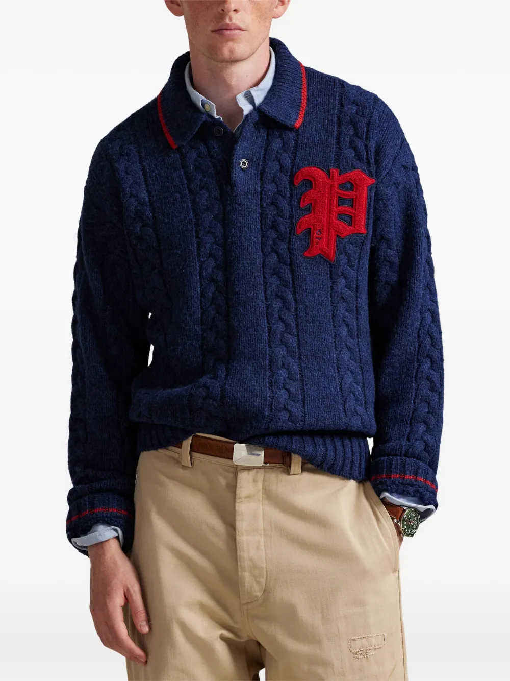 Свитер фактурной вязки с воротником поло POLO RALPH LAUREN, синий — фото 3