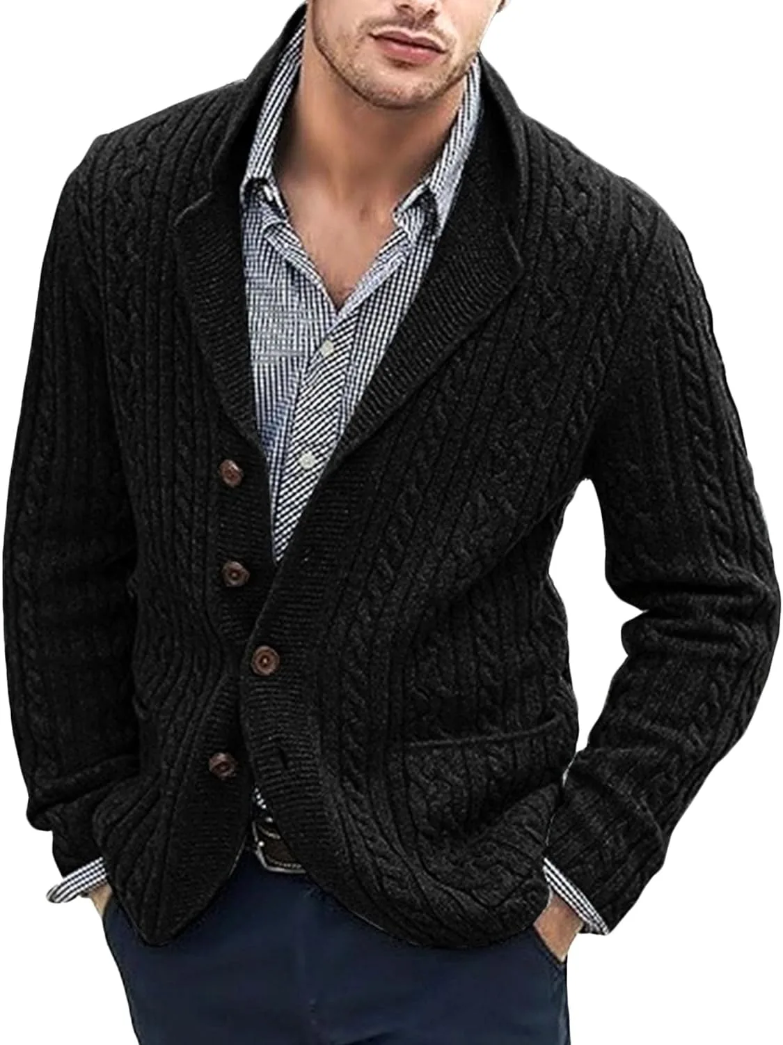 

Мужской кардиган с воротником шаль и кабельной вязкой DGHM-JLMY