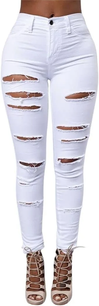 

ebossy Женские джинсы с высокой талией, рваные, скинни, классические, суженные