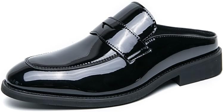 

Мужские модные слипоны с отделкой из лакированной кожи, плоские мюли, тапочки, удобные с круглым носком, повседневные задники для прогулок и работы в офисе Generic, черный