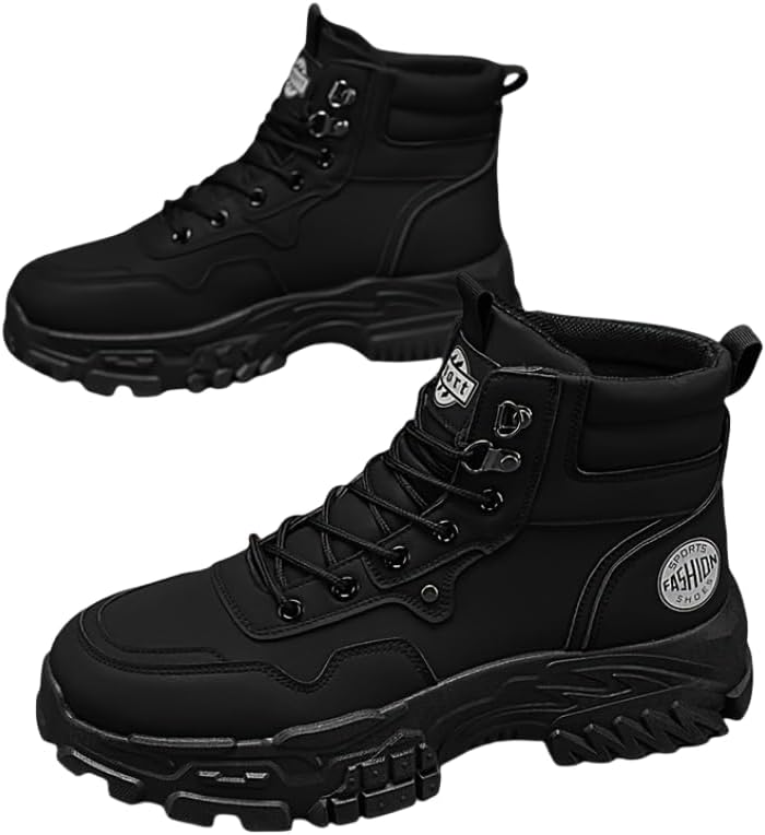 

Высокие туристические ботинки из ПУ-кожи для мужчин, спортивные черные мотоциклетные ботинки, повседневные туфли с круглым носком на шнуровке, универсальная посадка для весны/осени, всесезонные Hhhchpm