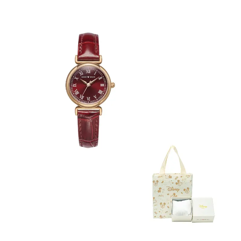 

Disney Часы Quiet Luxury Small Brown Watch Collection Quartz Movement Genuine Leather Strap Watch Women's Watch Gold Dial