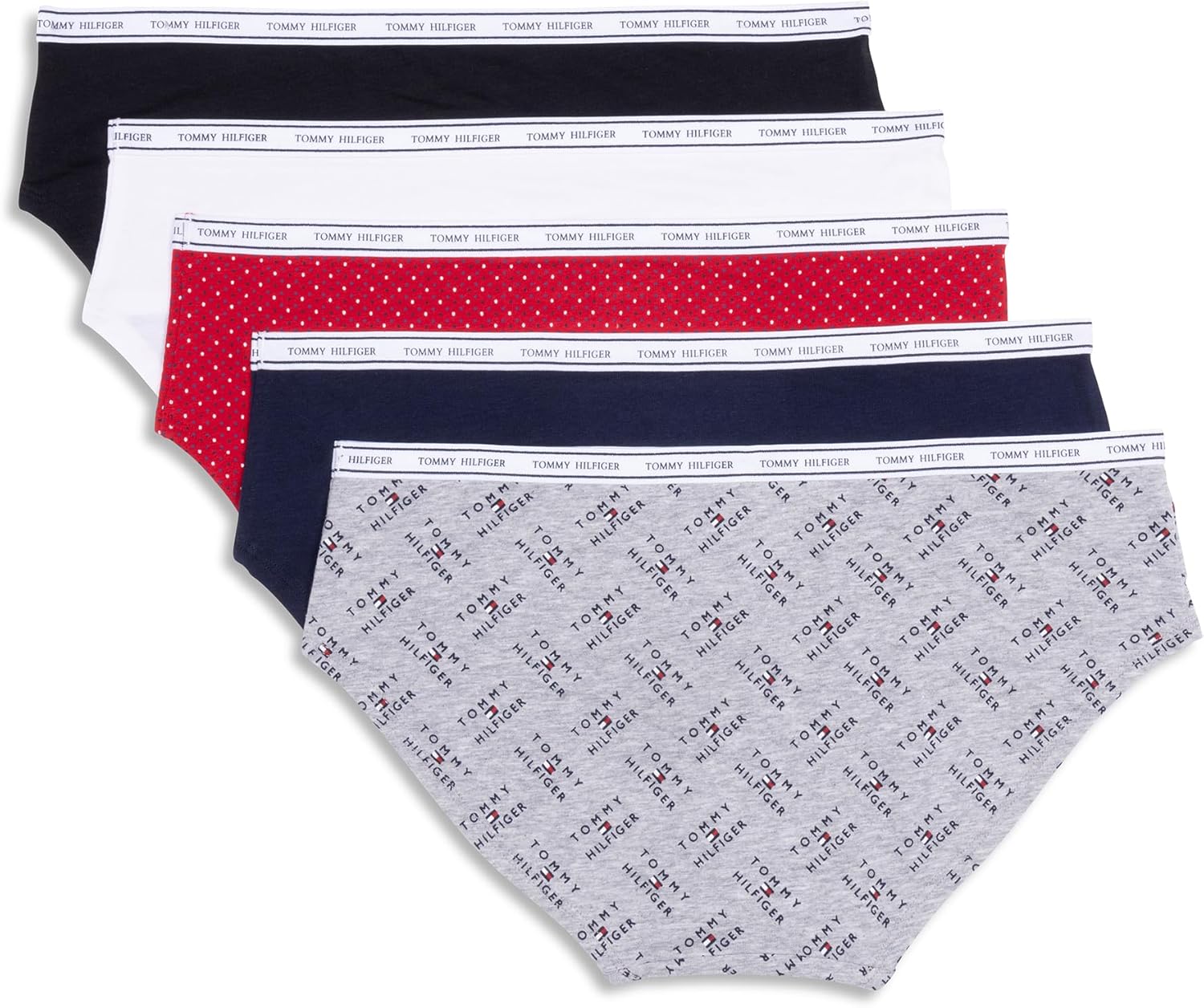 Женские классические хлопковые трусы-хипстеры Tommy Hilfiger с логотипом на поясе, упаковка 5 пар, Th Flag Stack Heather Grey/Navy Blazer/Super Mini Dots Apple Red/Bright White/Black — фото 3