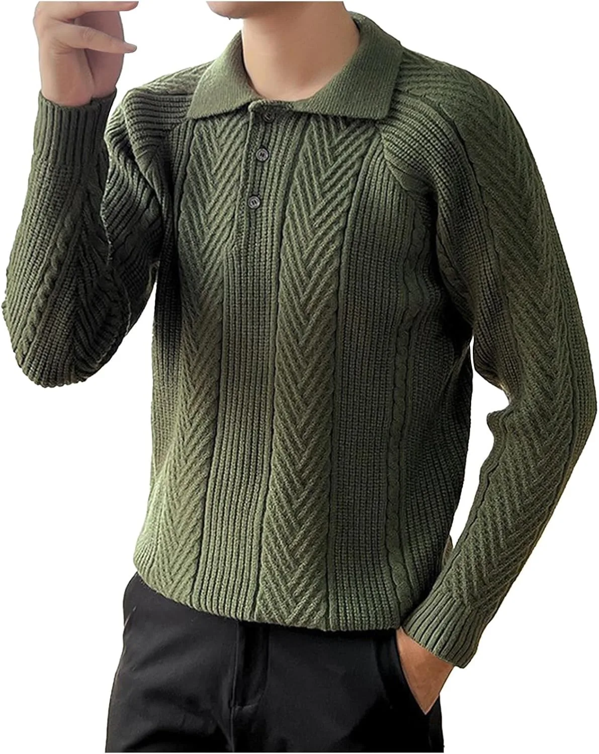 

Мужской свитер с рельефным узором и воротником на пуговицах QUNPIU