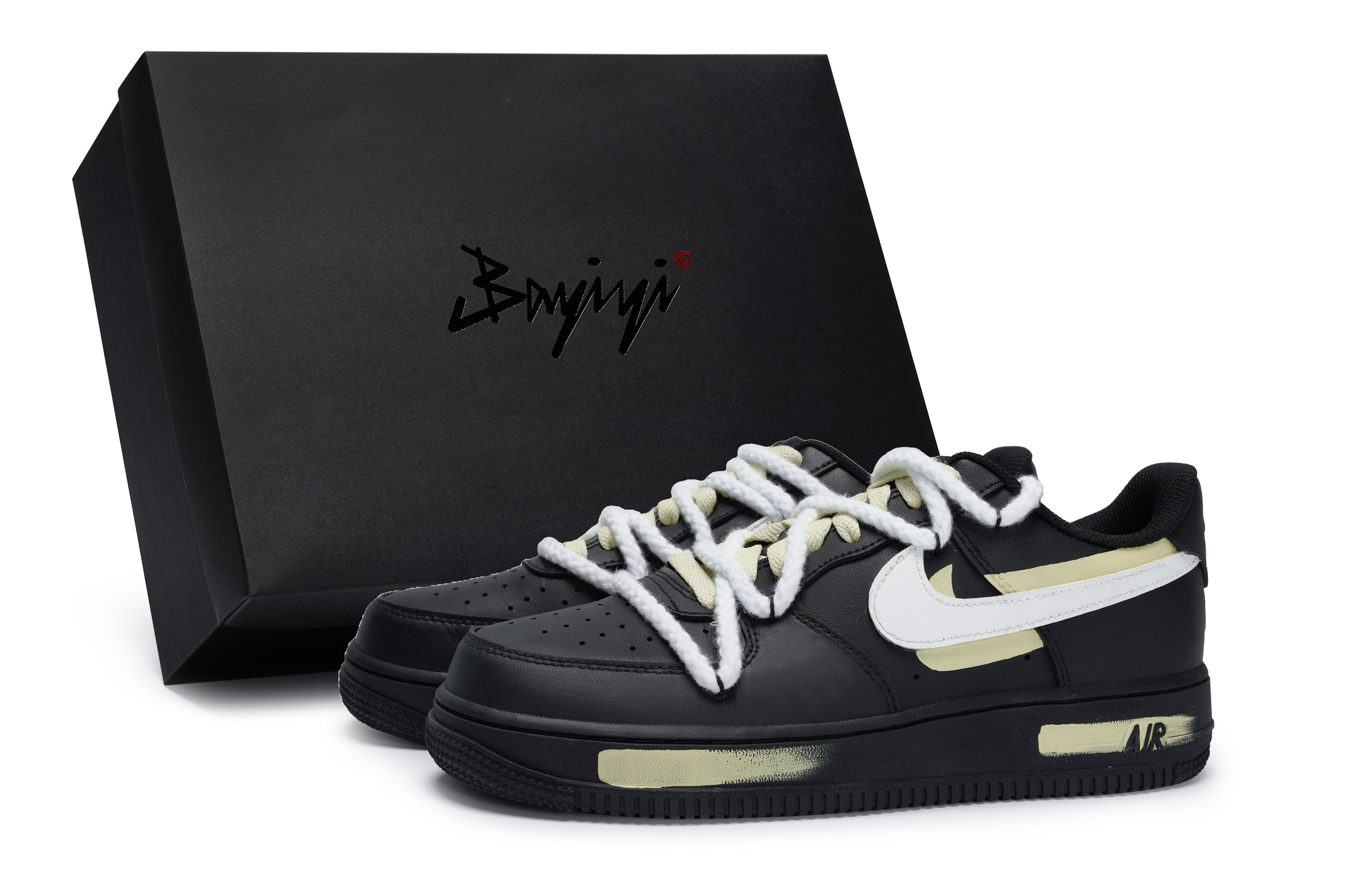 

Nike Кроссовки Air Force 1 Low-Top Unisex черно-белые с рисово-желтым, цвет Black White Beige Yellow