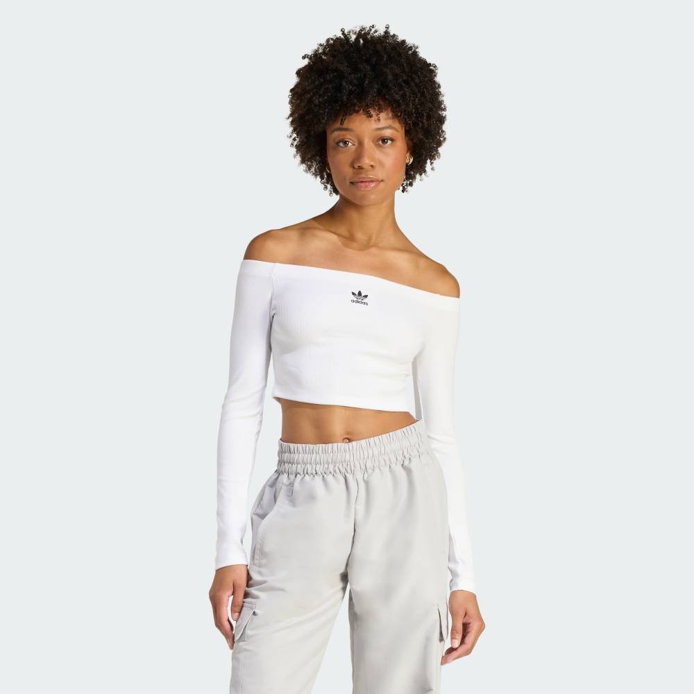 Футболка с длинными рукавами и открытыми плечами Essentials в рубчик Adidas, white