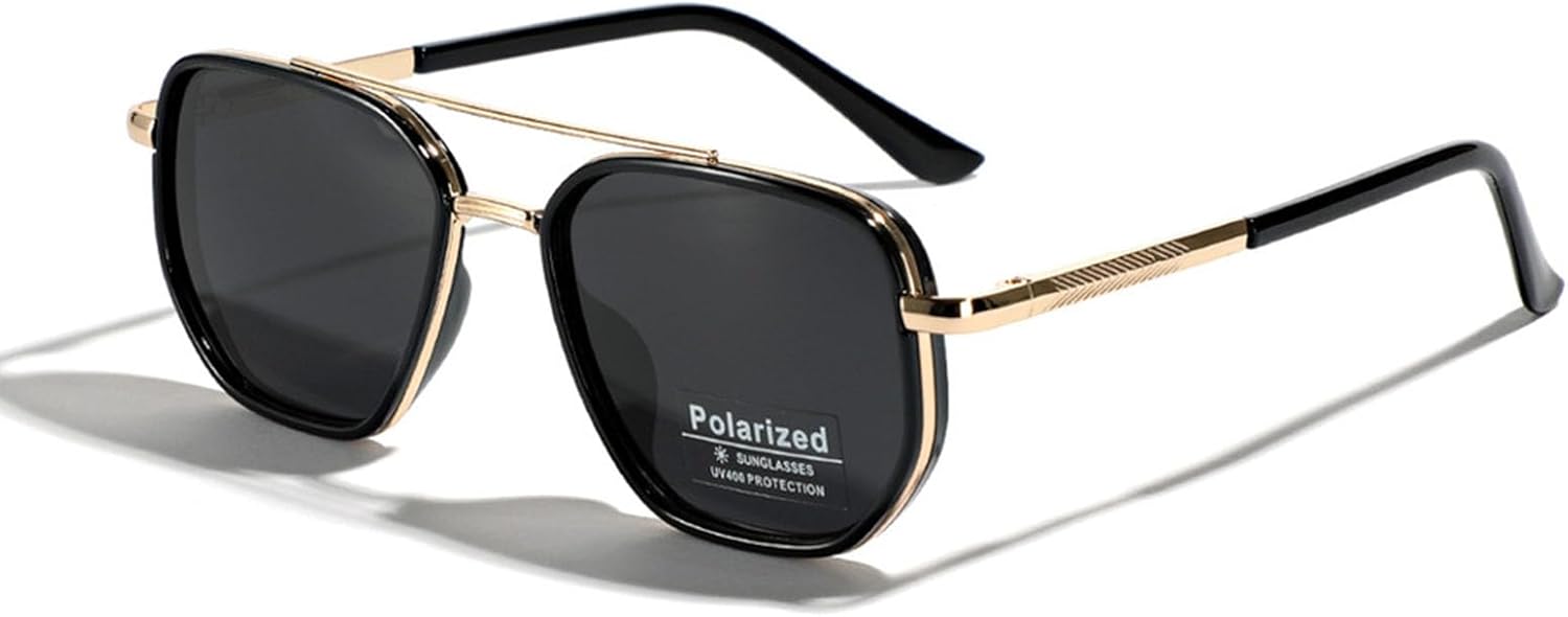

Поляризованные солнцезащитные очки TR90 для женщин, винтажные квадратные солнцезащитные очки с плоской верхней частью, двойная перемычка, металлическая защита от УФ-излучения UV400 Aiulolam, Gold With Black