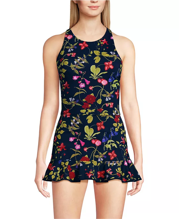 

Женский топ-мидкини с высоким воротом и рейсербэком Lands' End, синий