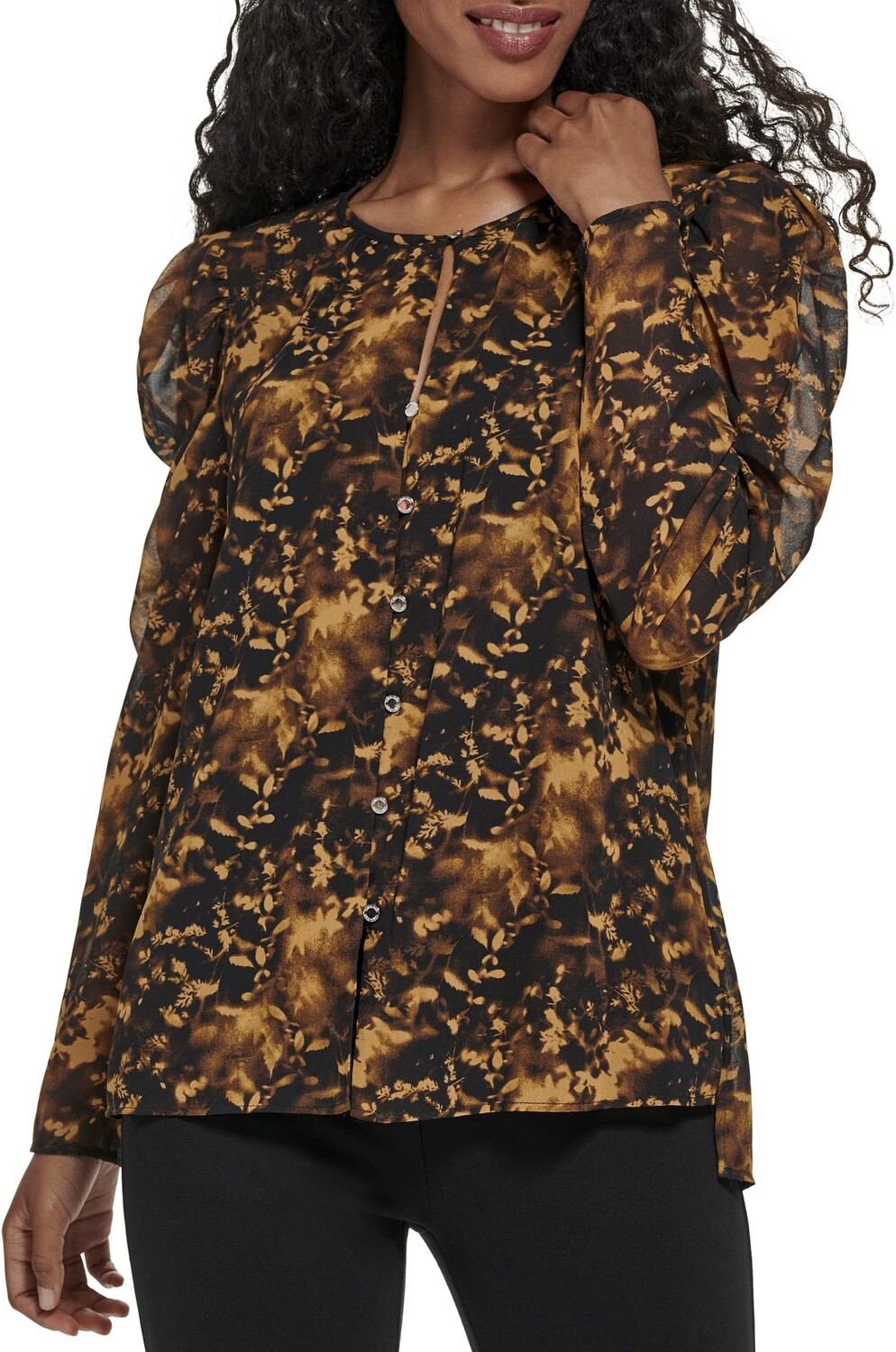 

Рубашка Calvin Klein Poof Shoulder V-Neck with Button, цвет Black/Multi