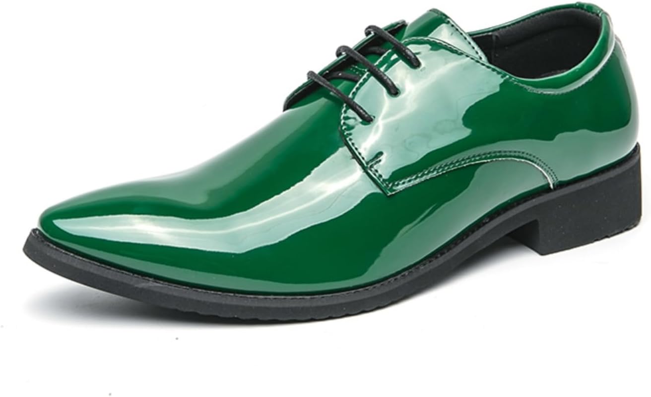 

Мужские ретро туфли-оксфорды из блестящей лакированной кожи на шнуровке, с заостренным носком, массивным каблуком, противоскользящие, повседневные для делового стиля, выпускного или вечеринки Qwuieoin, зеленый