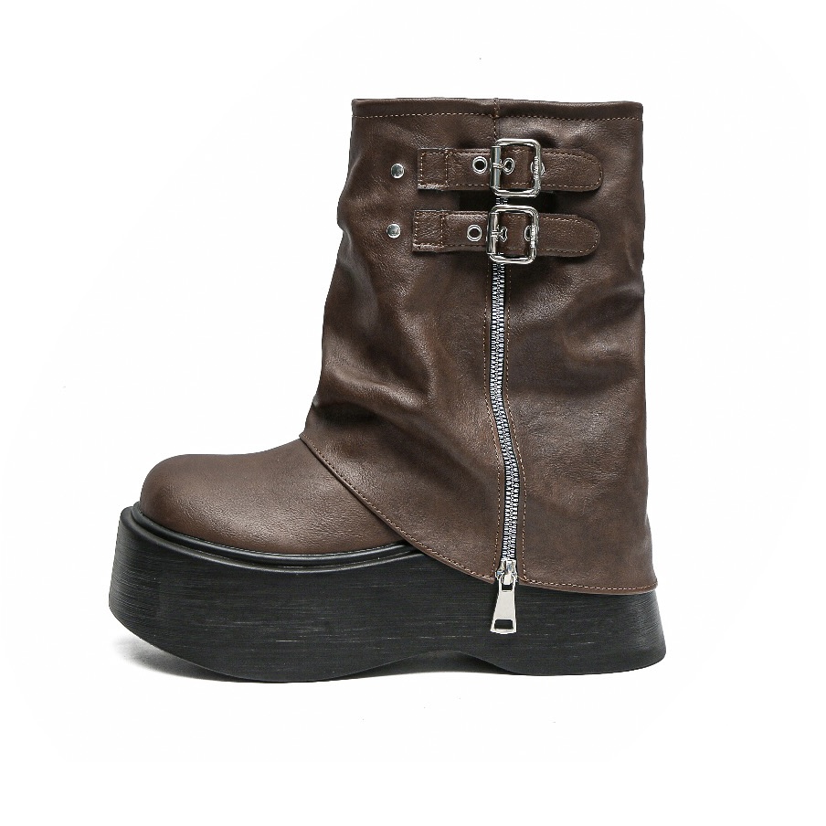 Xingdiman Короткие высокие сапоги женские коричневые на каблуке 7 см, цвет Brown Cropped 7CM