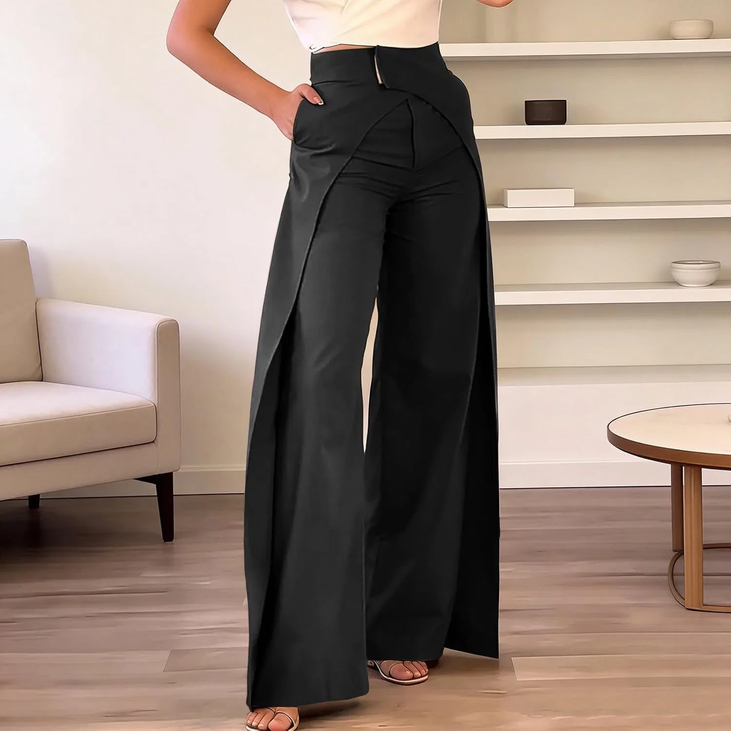 Джинсы широкие прямые, черные, Women's Casual Straight Leg Pants — фото 2
