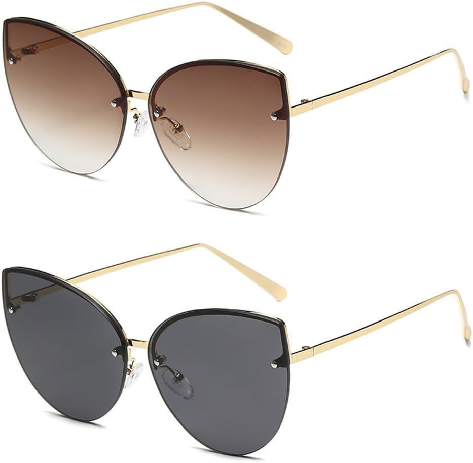 

2 шт. Солнцезащитные очки «кошачий глаз» без оправы, большие, с градиентными линзами, модная металлическая оправа, женские и мужские, с защитой от УФ-излучения UV400 KTUCN, 1