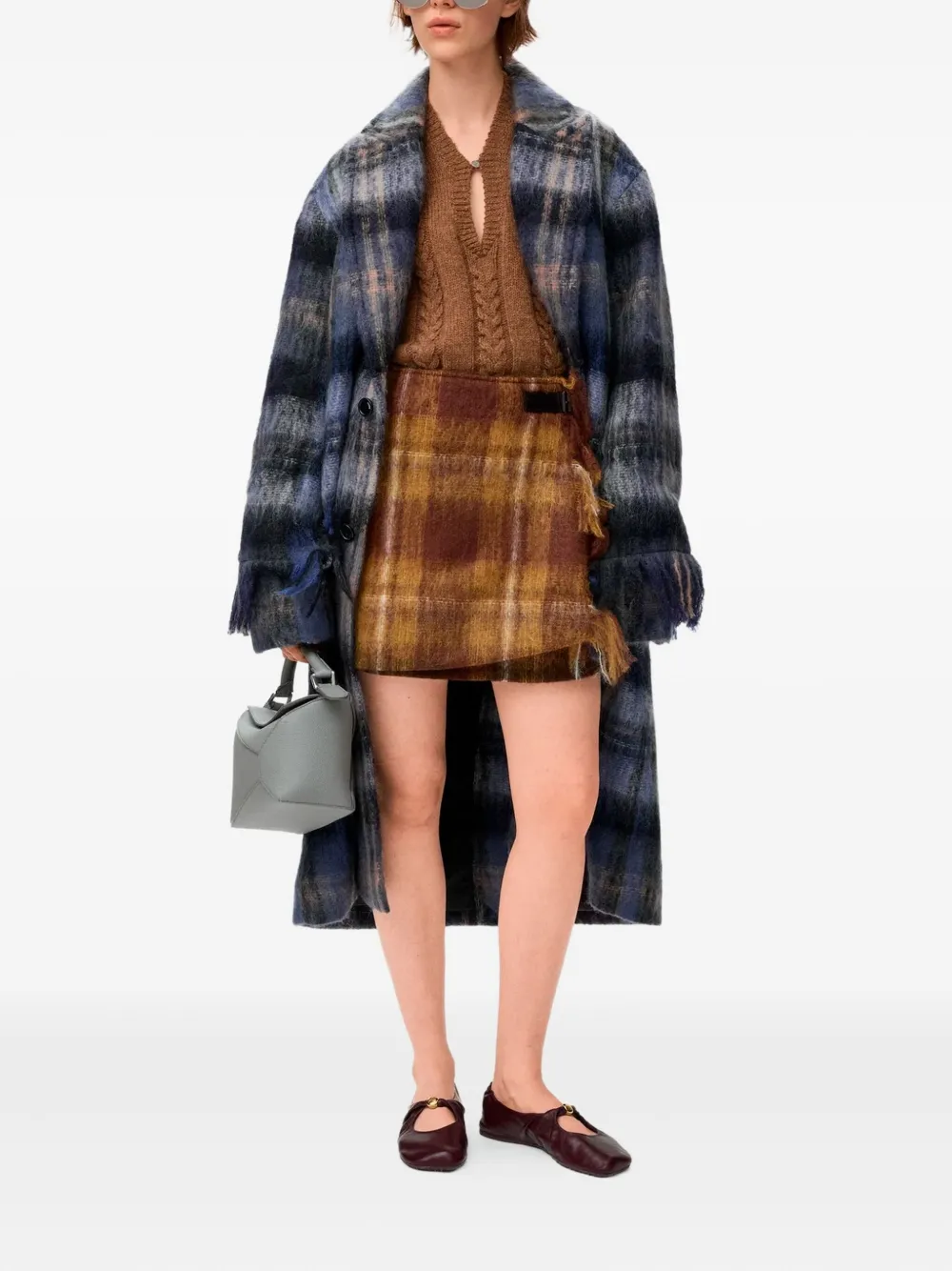 

Пальто в клетку с бахромой Loewe, синий