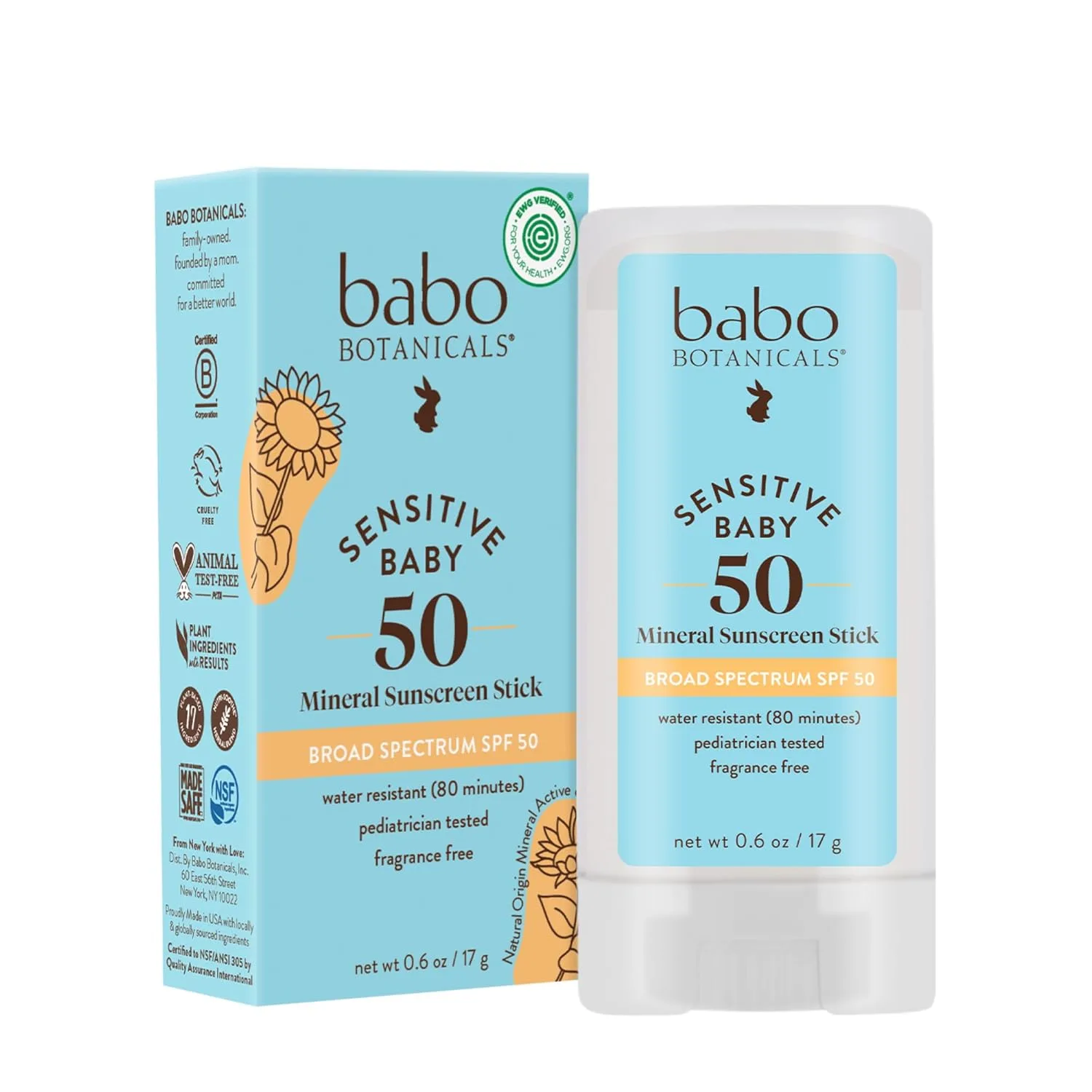 BABO Botanicals минеральный солнцезащитный стик для чувствительной кожи SPF 50 с 70% органических ингредиентов, цинк оксид, водостойкий, без отдушки, для малышей и детей 17.01 г (1 шт.), White