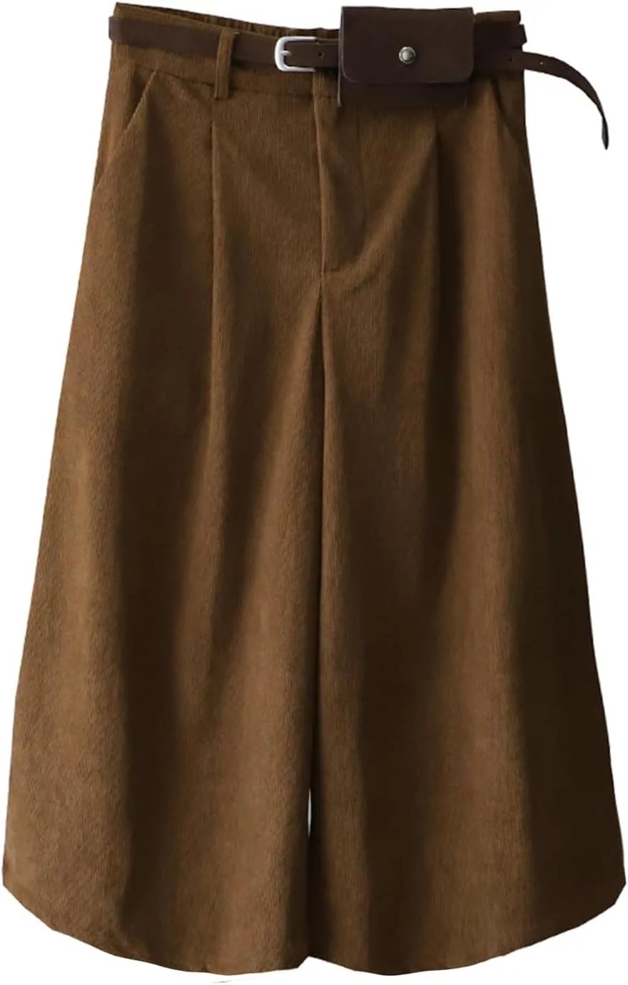 Gaucho Pants для женщин из вельвета укороченные плиссированные широкие палаццо брюки нарядные на резинке кюлоты свободного кроя с карманами Generic, черный — фото 3