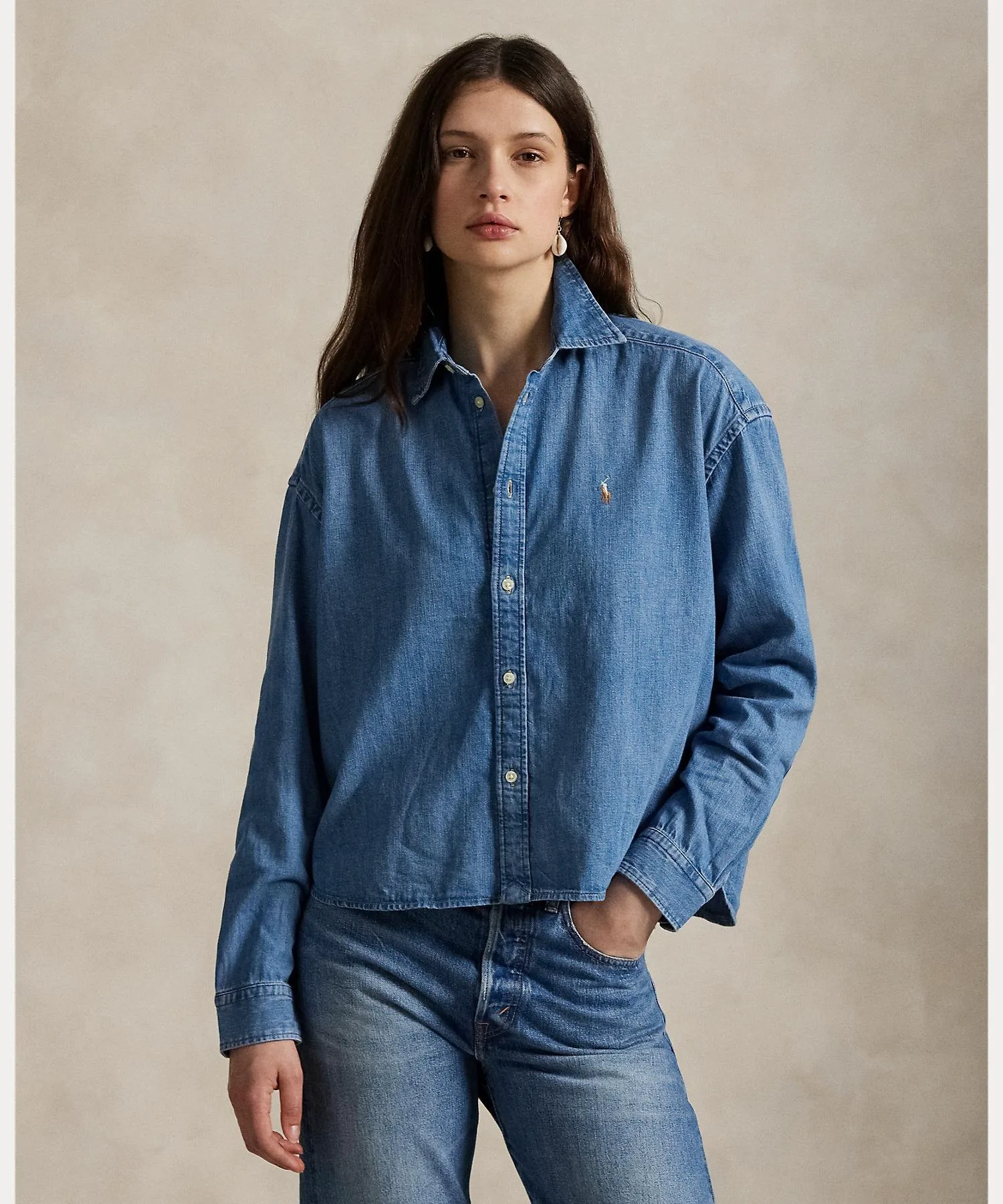 Укороченная свободная джинсовая рубашка Polo Ralph Lauren, 400 Blue