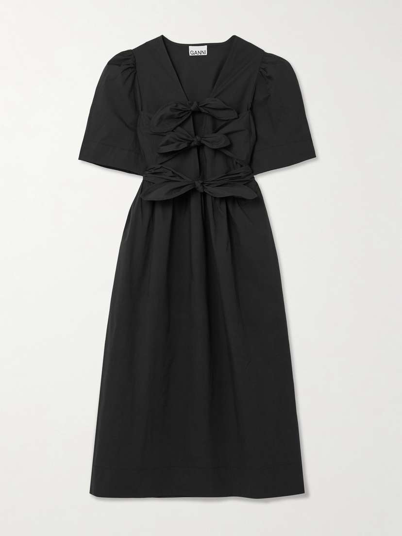 

Платье миди из эластичного хлопкового поплина с поясом и бантом Ganni, черный