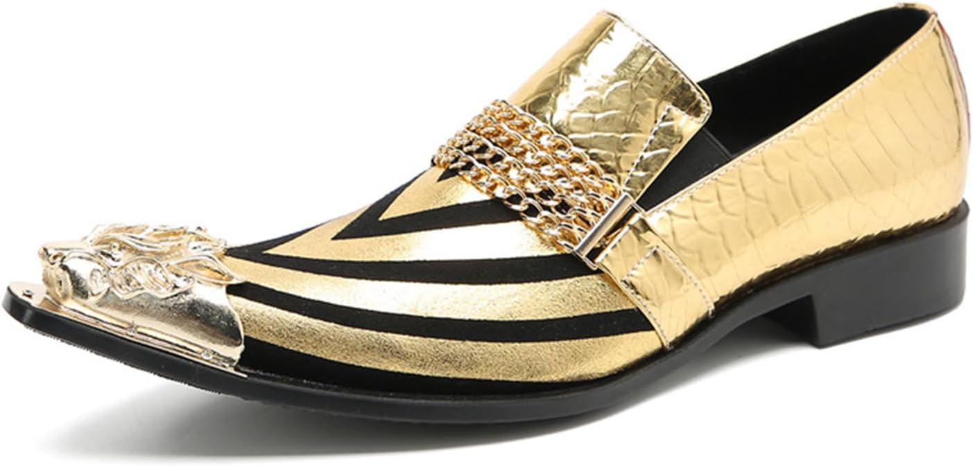 

Мужские туфли, лоферы из натуральной кожи, повседневные деловые туфли с цветными вставками, без шнурков, большого размера, низкие, с металлическим носком, свадебные туфли для костюма, 46 EU, золотой Manyubei