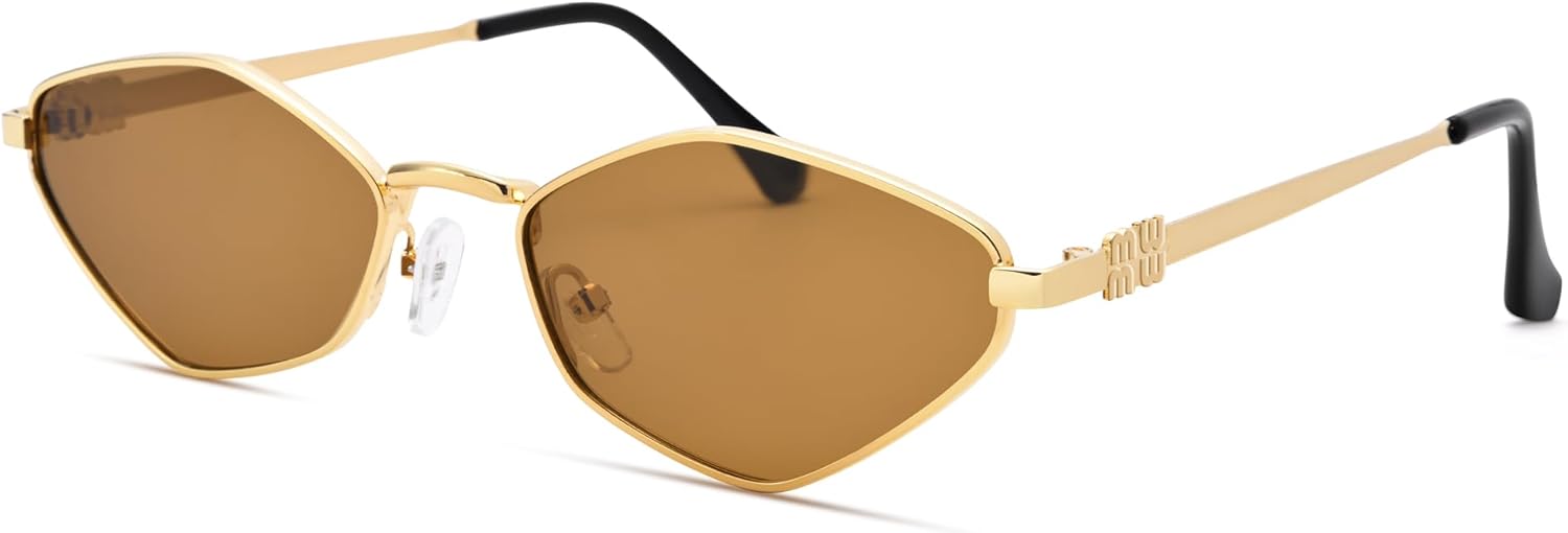 

Ретро-солнцезащитные очки маленького размера для женщин и мужчин - модные солнцезащитные очки в стиле 90-х, металлическая оправа, золотистая оправа, узкие линзы DIMENSIP, A2 Gold / Brown