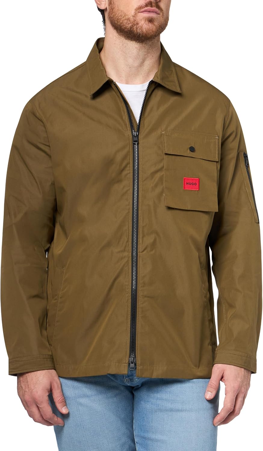 

Мужская хлопковая холщовая рубашка Hugo на молнии, British Olive