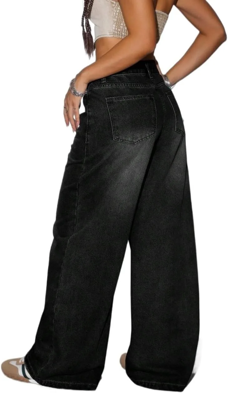 Generic Женские классические джинсы Loose Straight Leg Blue Denim, брюки Wide Leg