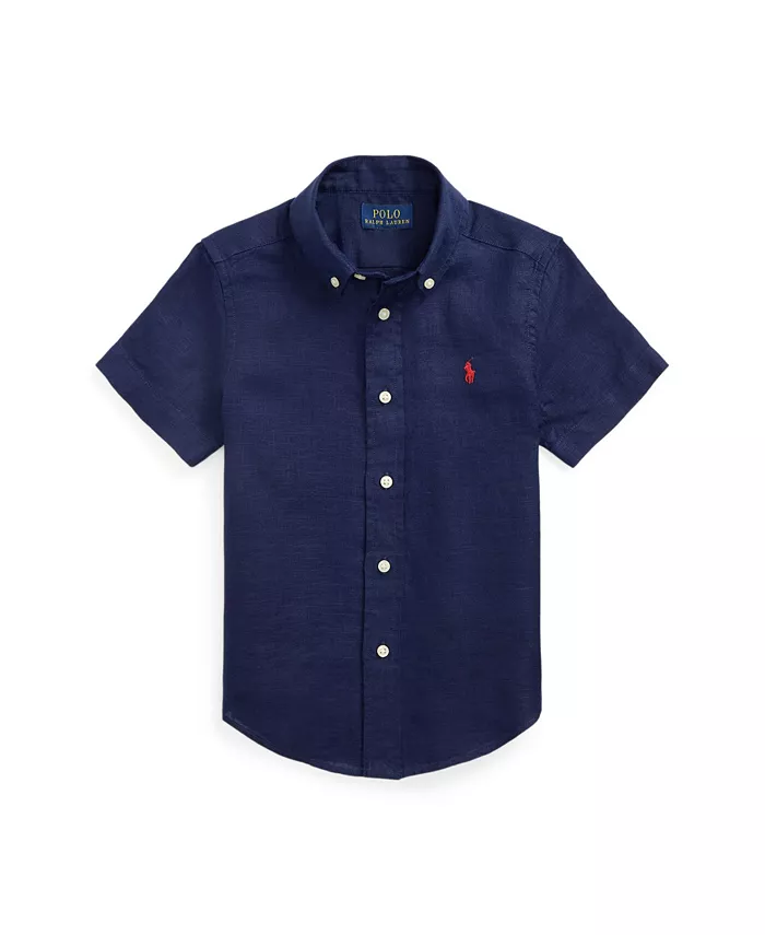 

Льняная рубашка с коротким рукавом для малышей и маленьких мальчиков Polo Ralph Lauren, синий