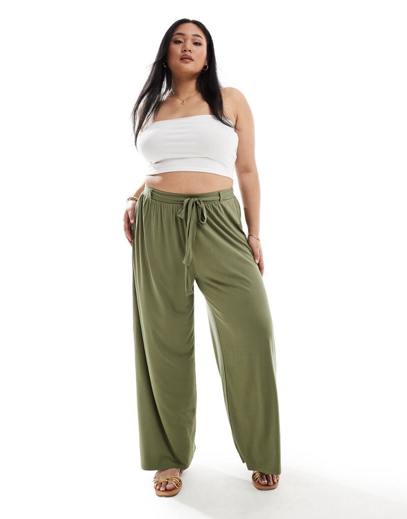 

Широкие брюки хаки с поясом и поясом ASOS DESIGN Curve