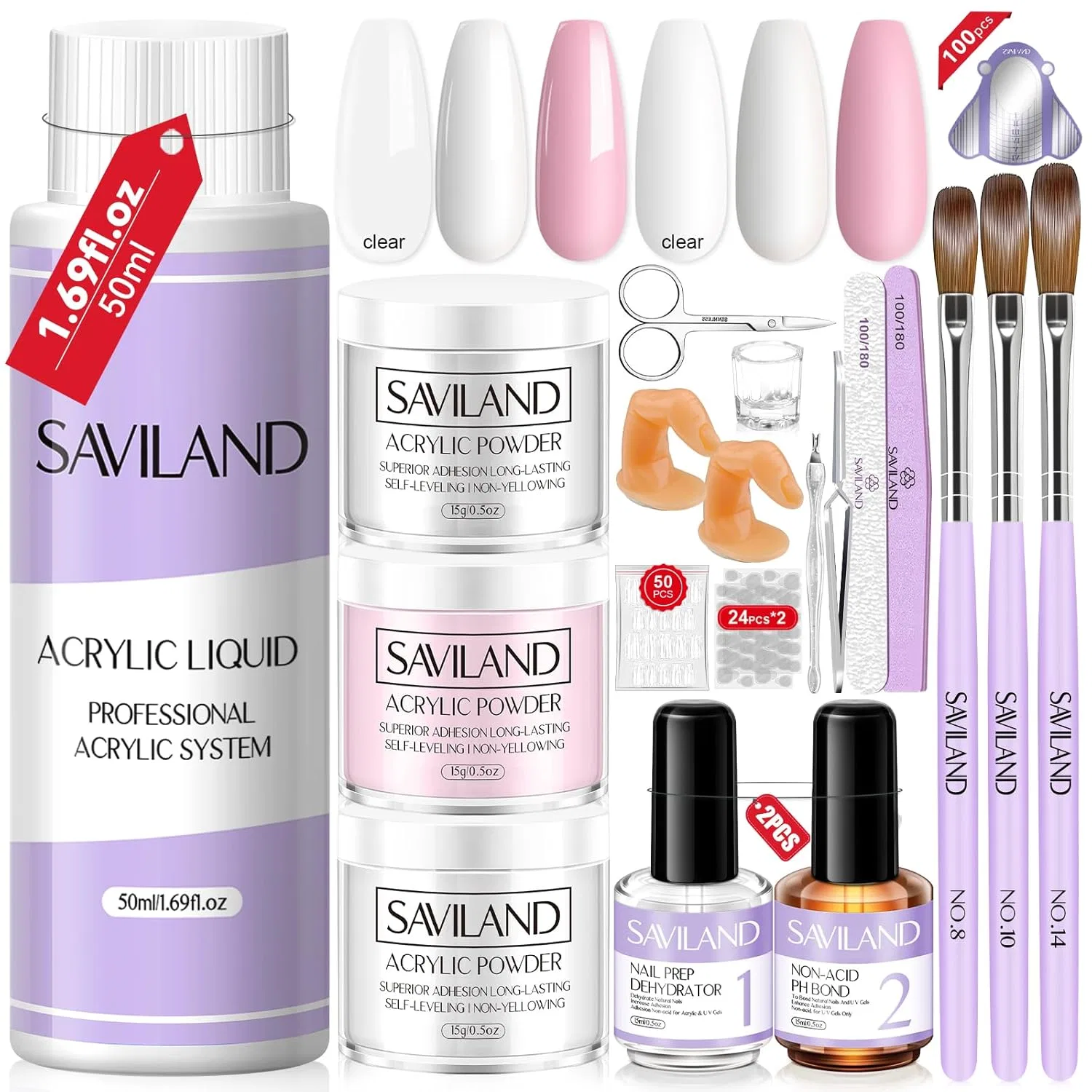 Набор для акрилового наращивания ногтей Saviland Starter Set Saviland, 01- Liquid 50Ml + Powder 45G | Clear Pink White