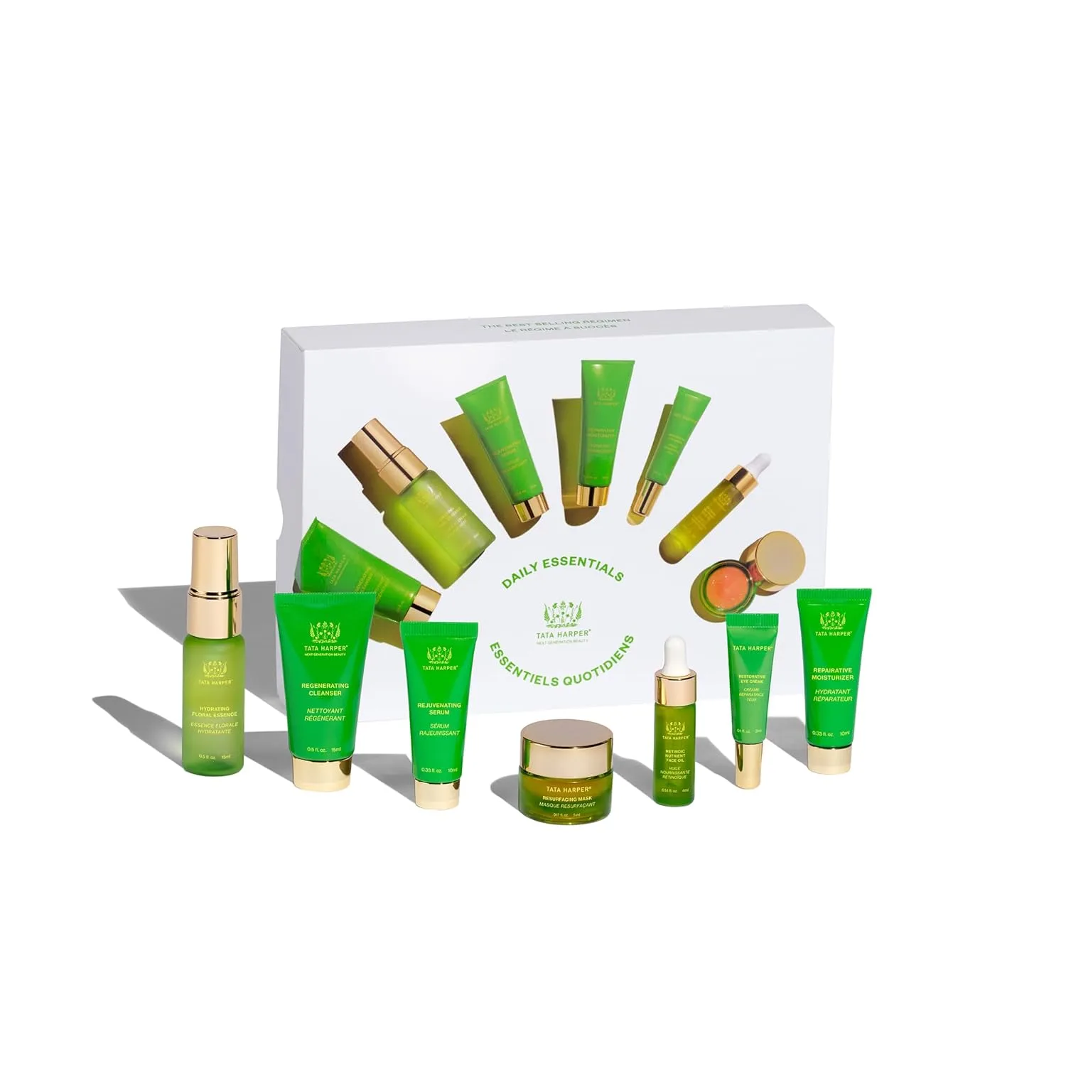 Набор средств по уходу за кожей Tata Harper Daily Essentials Set, бестселлер среди наборов, дорожный формат, 7-шаговая процедура ухода за кожей на ходу, натуральный уход за кожей.